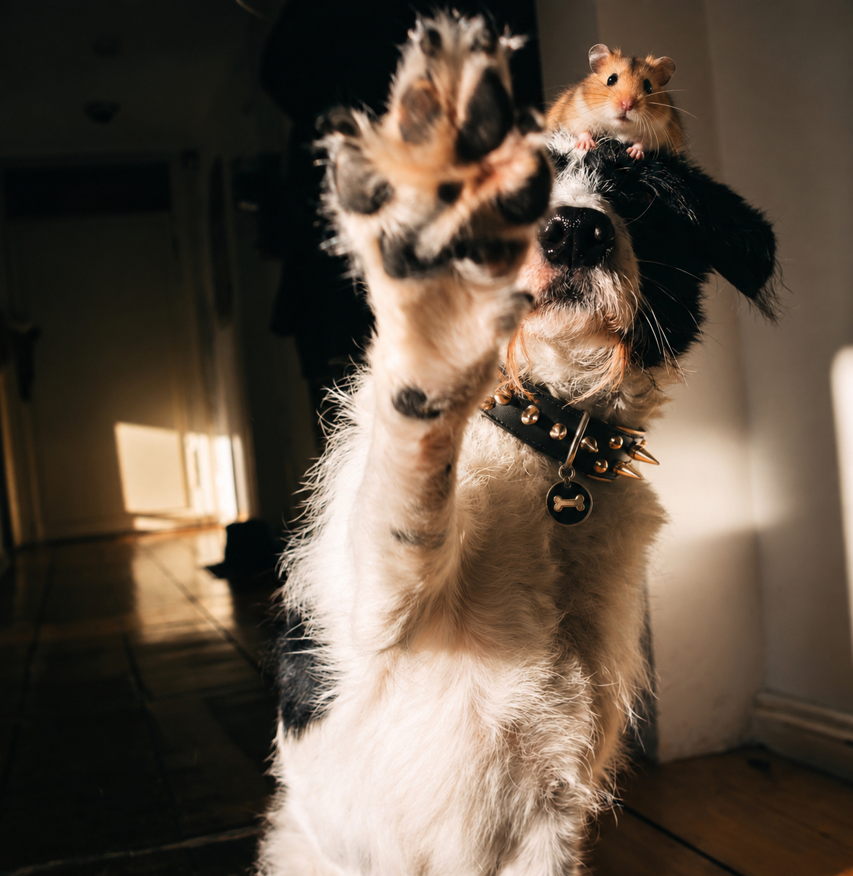 A scruffy dog raising a paw while a hamster perches on its head