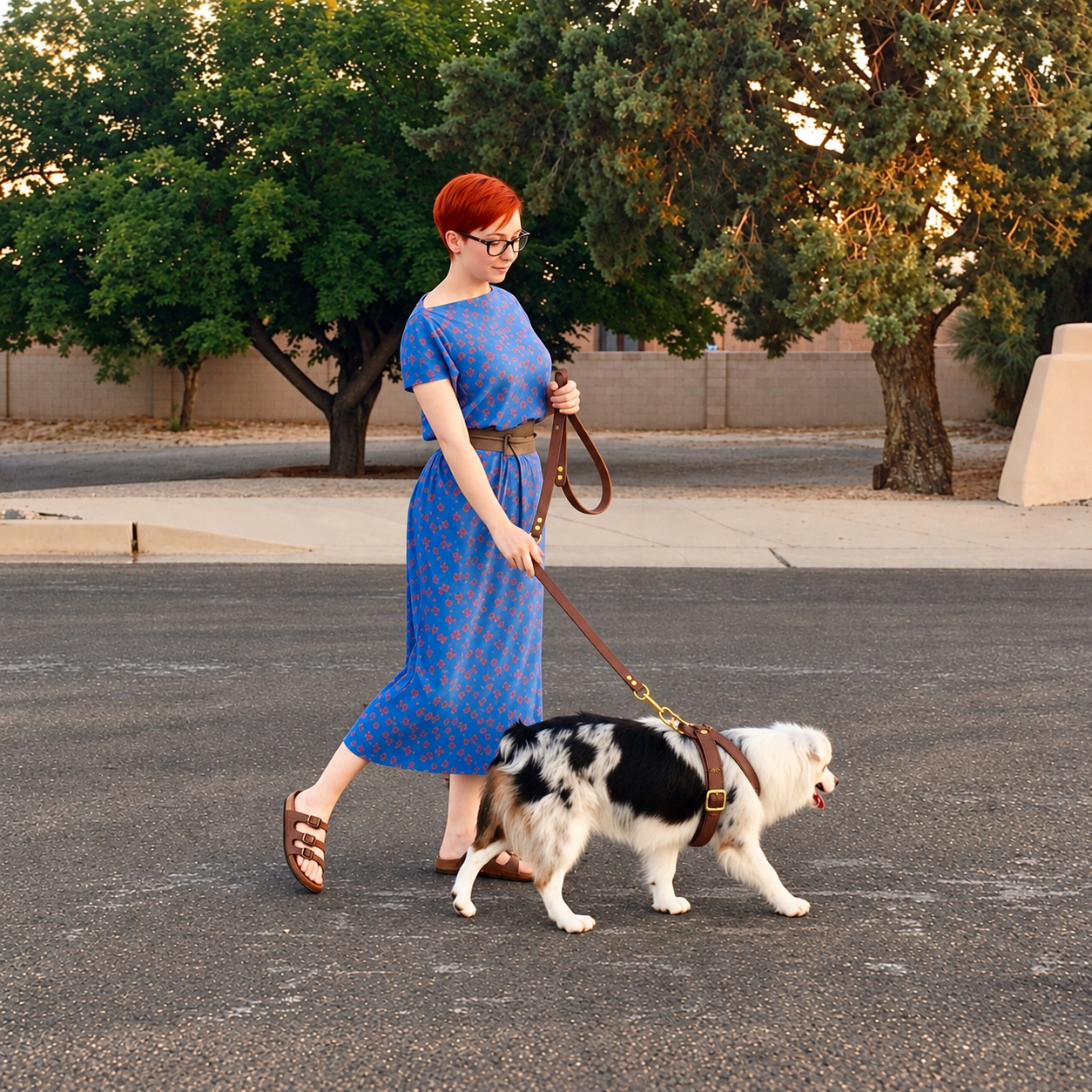 A person walking an Australian shepherd on a leather leash
